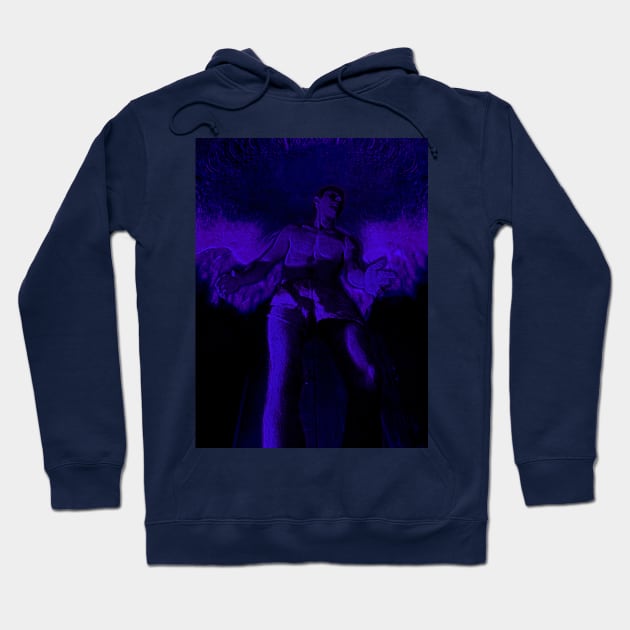 Portrait, digital collage and special processing. Angel in underpants in room. Astonishing. Dark blue. Hoodie by 234TeeUser234